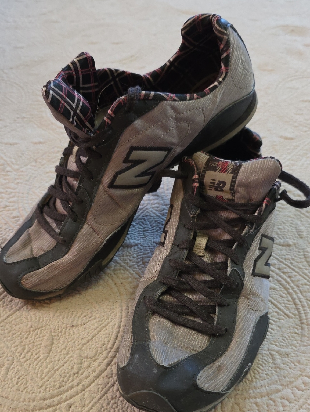 New Balance Tan & Brown Sneakers with Pink Plaid Lining